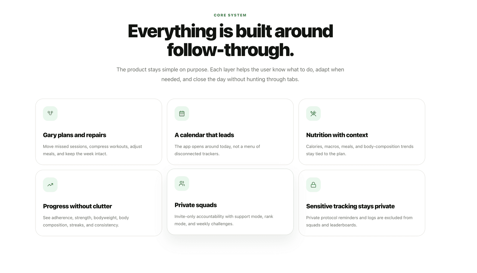 Xecute Core System - Everything is built around follow-through. Six feature cards covering Gary, calendar, nutrition, progress, squads, and privacy.