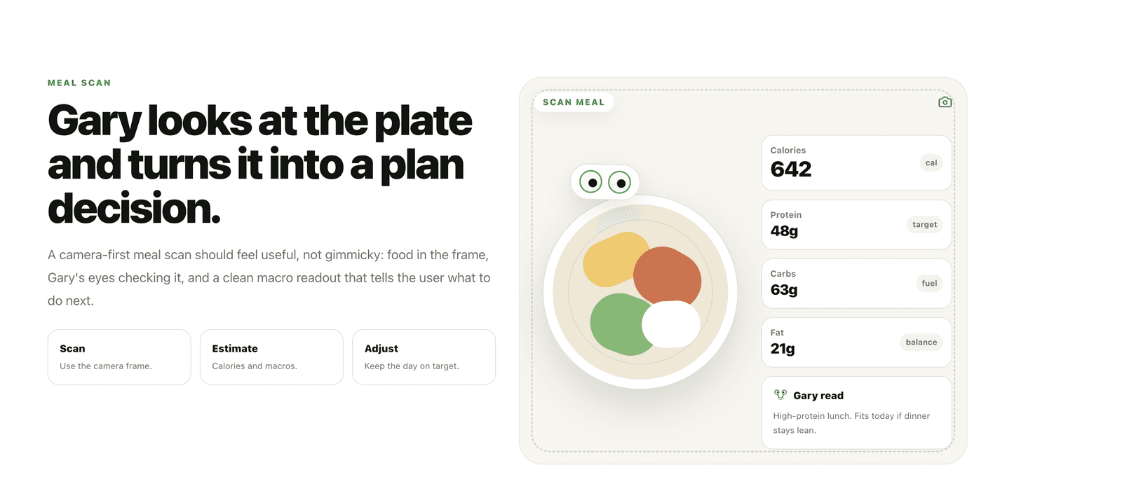 Xecute Meal Scan - Gary looks at the plate and turns it into a plan decision. Scan, estimate, adjust. With calorie and macro readout.