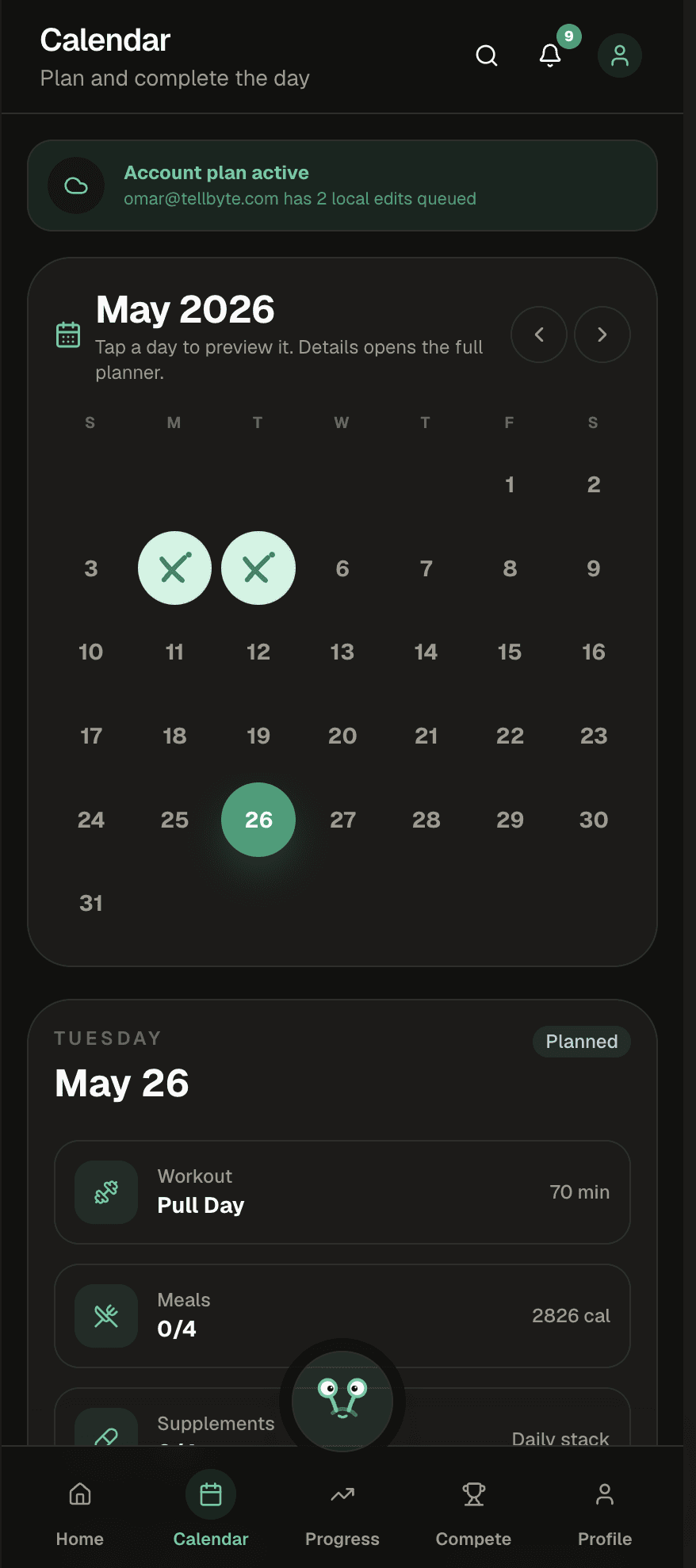 Xecute Calendar screen - May 2026 month grid with two earned X days, the selected Tuesday May 26, and the planned Pull Day workout below