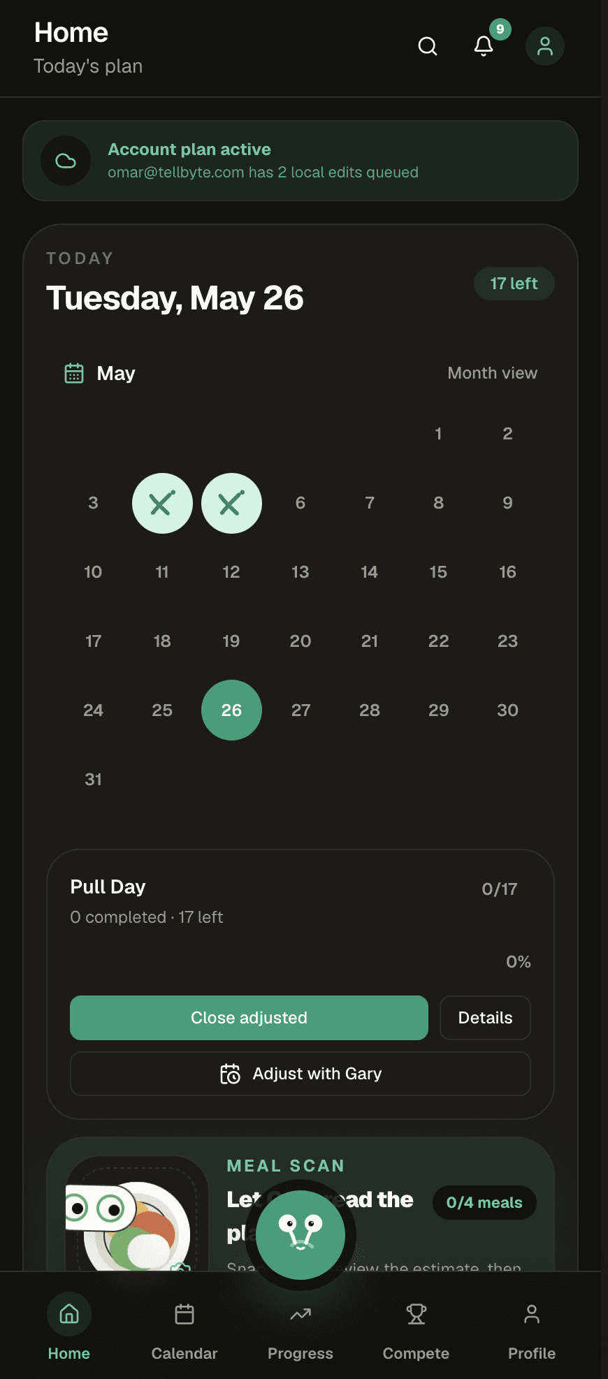 Xecute Home screen - Today's plan with May calendar, Pull Day card showing 0 of 17 complete, Close adjusted and Adjust with Gary buttons, and Meal Scan preview at the bottom