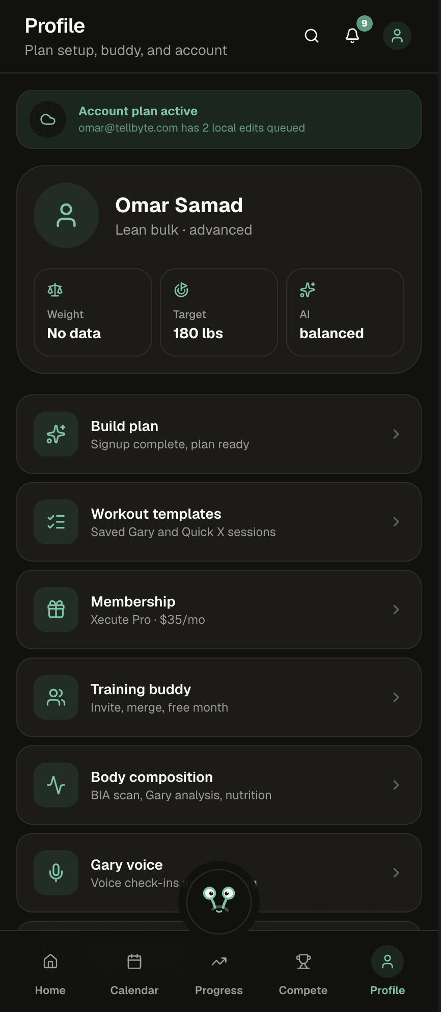 Xecute Profile screen - Plan setup, buddy, and account with Omar Samad lean bulk advanced, weight no data, target 180 lbs, AI balanced, and menu items for Build plan, Workout templates, Membership Xecute Pro $35 per month, Training buddy, Body composition, and Gary voice