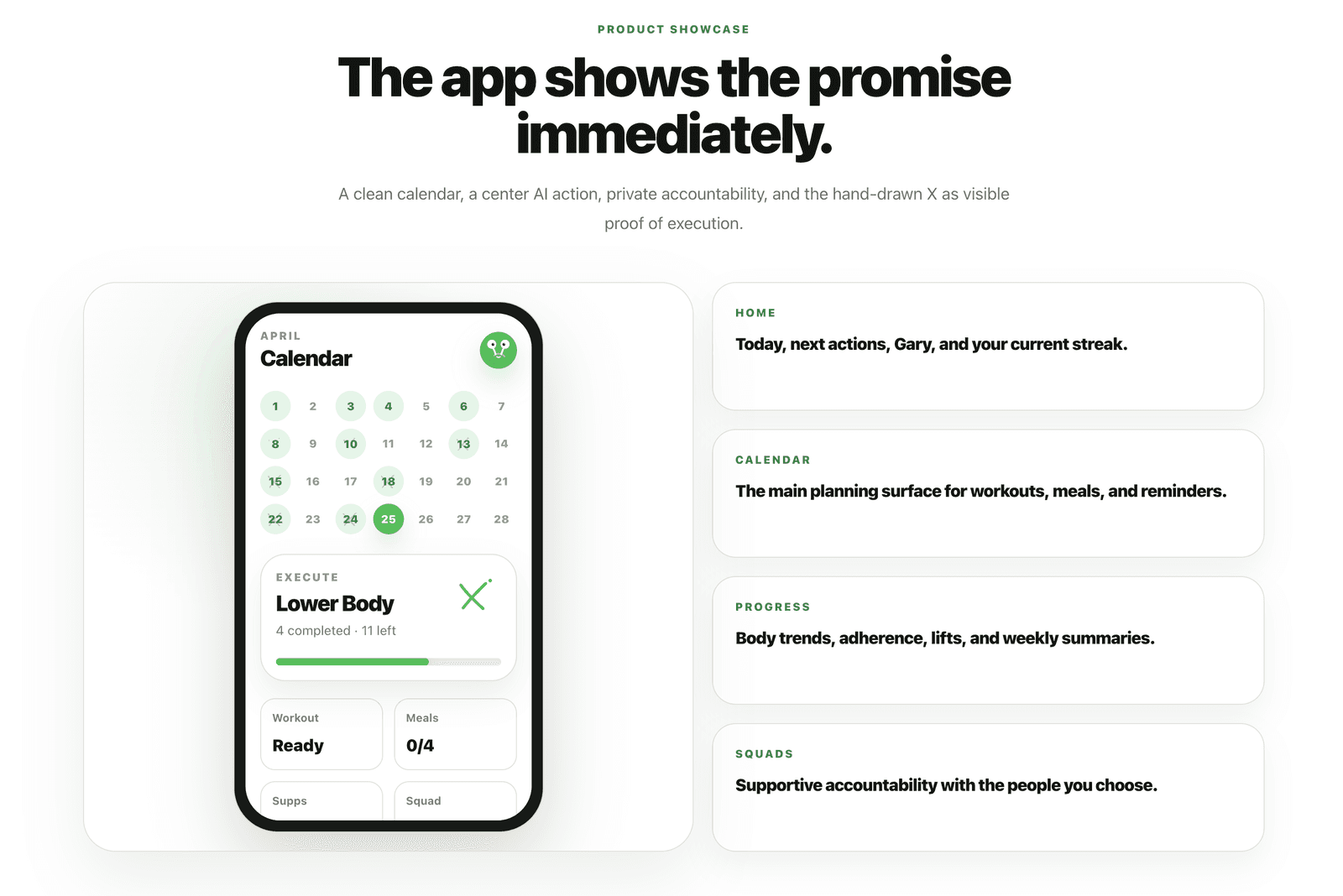 Xecute product showcase - phone mockup with April calendar, Execute card showing Lower Body progress, and module descriptions for Home, Calendar, Progress, Squads