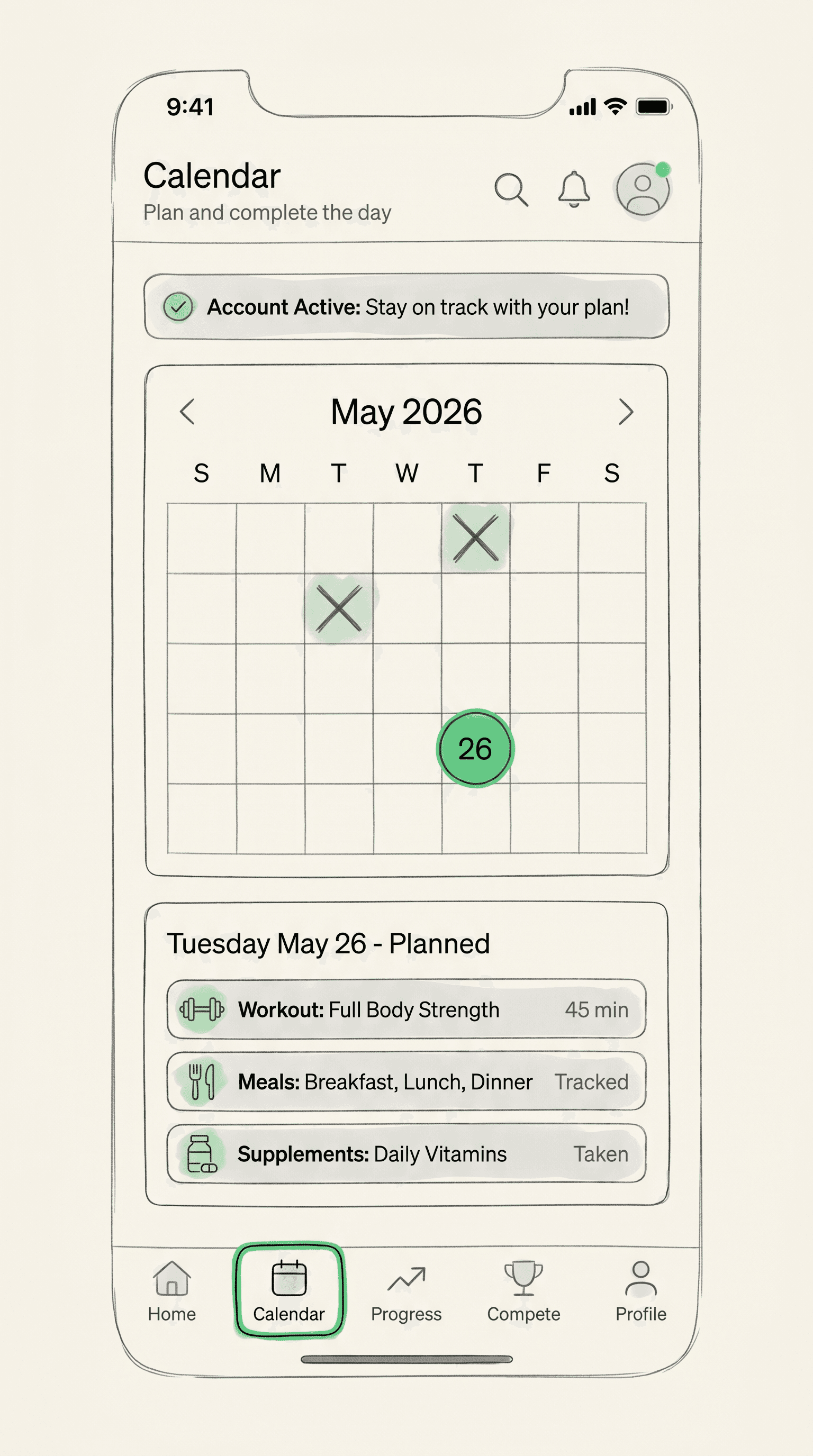 Calendar wireframe sketch