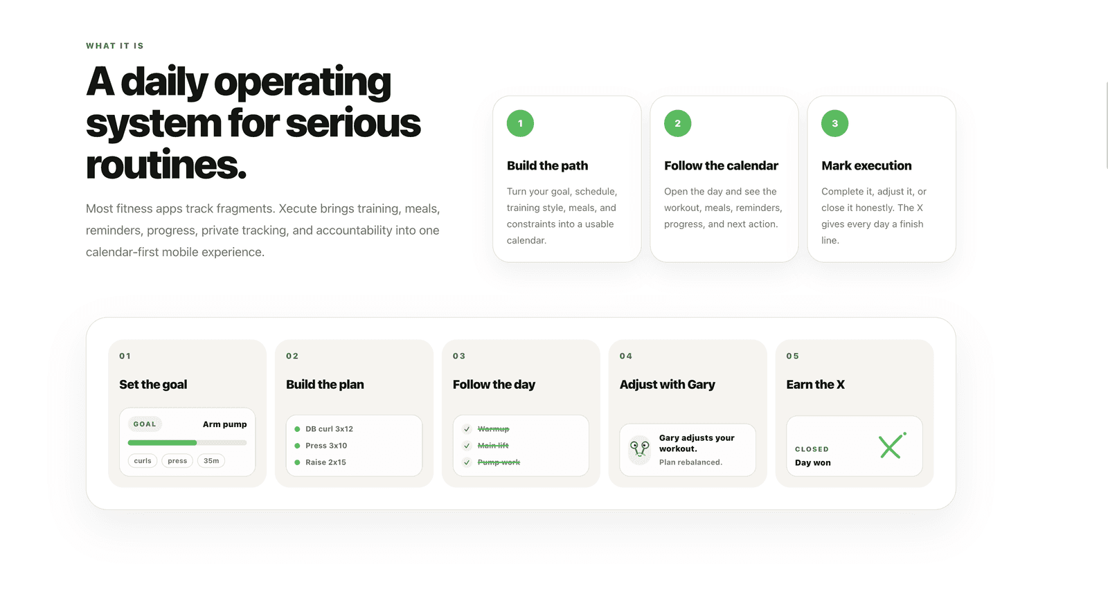 Xecute - A daily operating system for serious routines, with 5-step flow: Set the goal, Build the plan, Follow the day, Adjust with Gary, Earn the X
