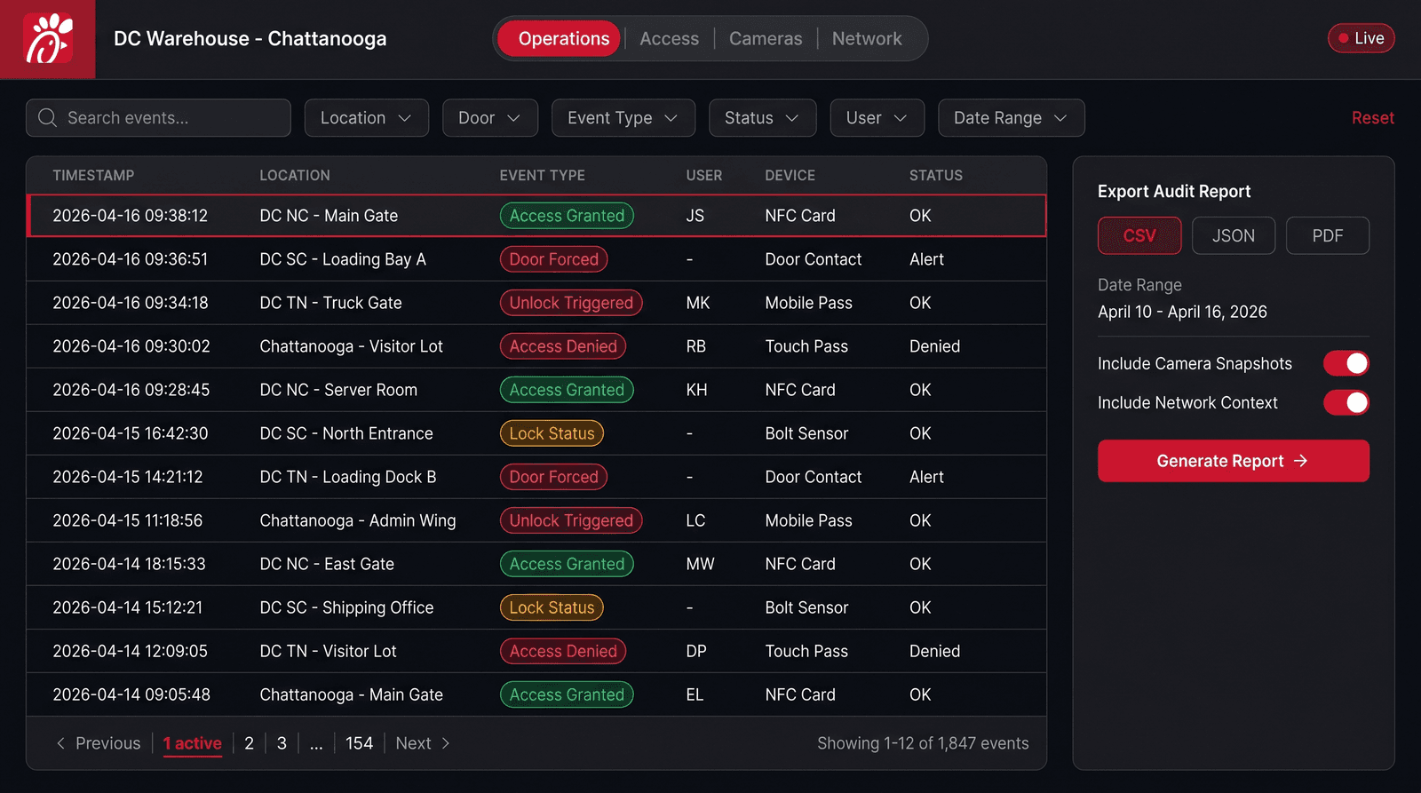Audit & export workflow - searchable event log table with filter pills, event-type badges, and an export panel