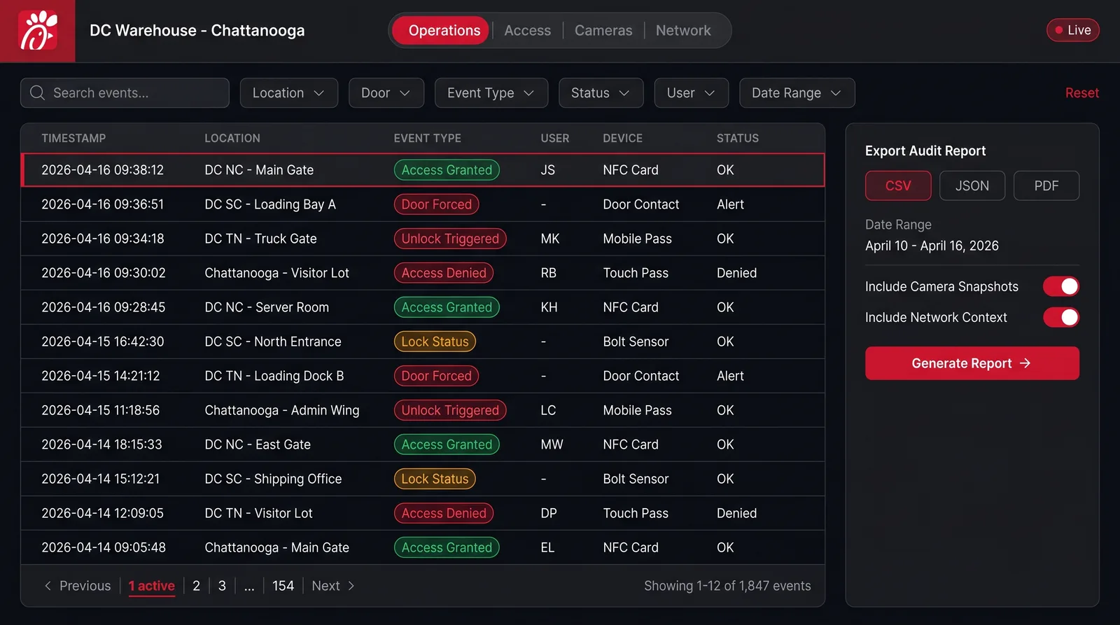 Audit & export workflow - searchable event log table with filter pills, event-type badges, and an export panel
