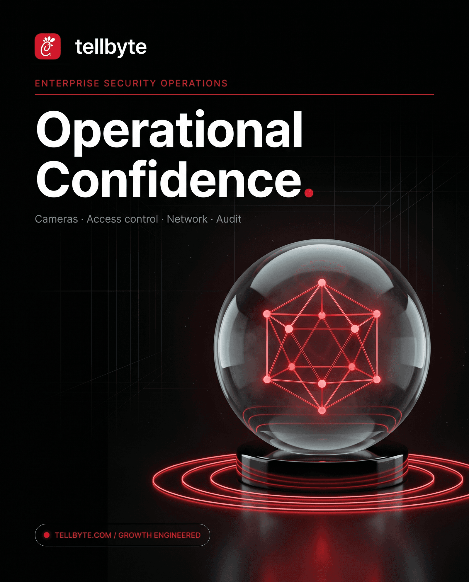 Operational confidence cover - co-branded Chick-fil-A and TellByte editorial poster with a red icosahedron network sphere on a glossy platform emitting concentric rings