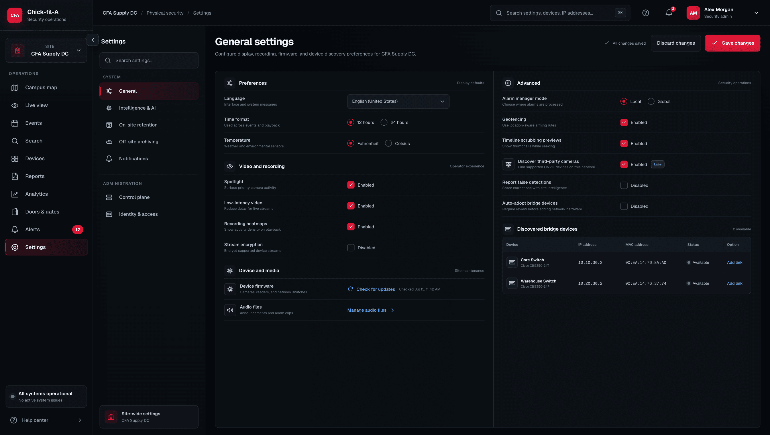 General settings dashboard for Chick-fil-A security operations with display, recording, device discovery, and advanced preferences