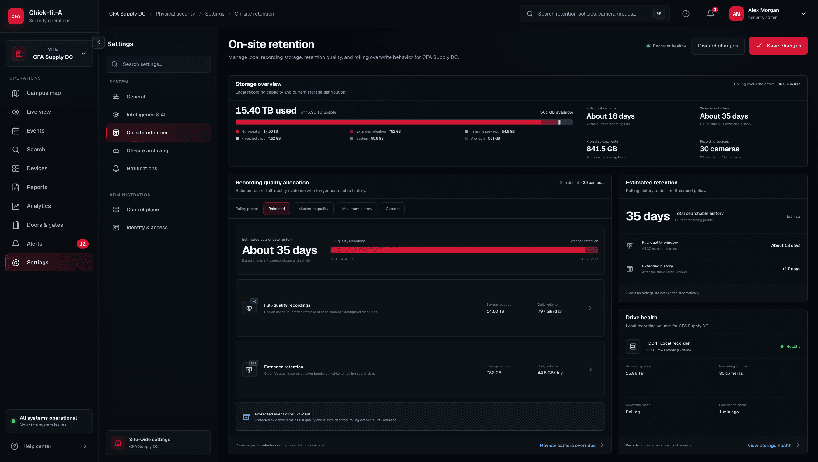On-site retention dashboard showing recording storage, quality allocation, estimated retention, and drive health
