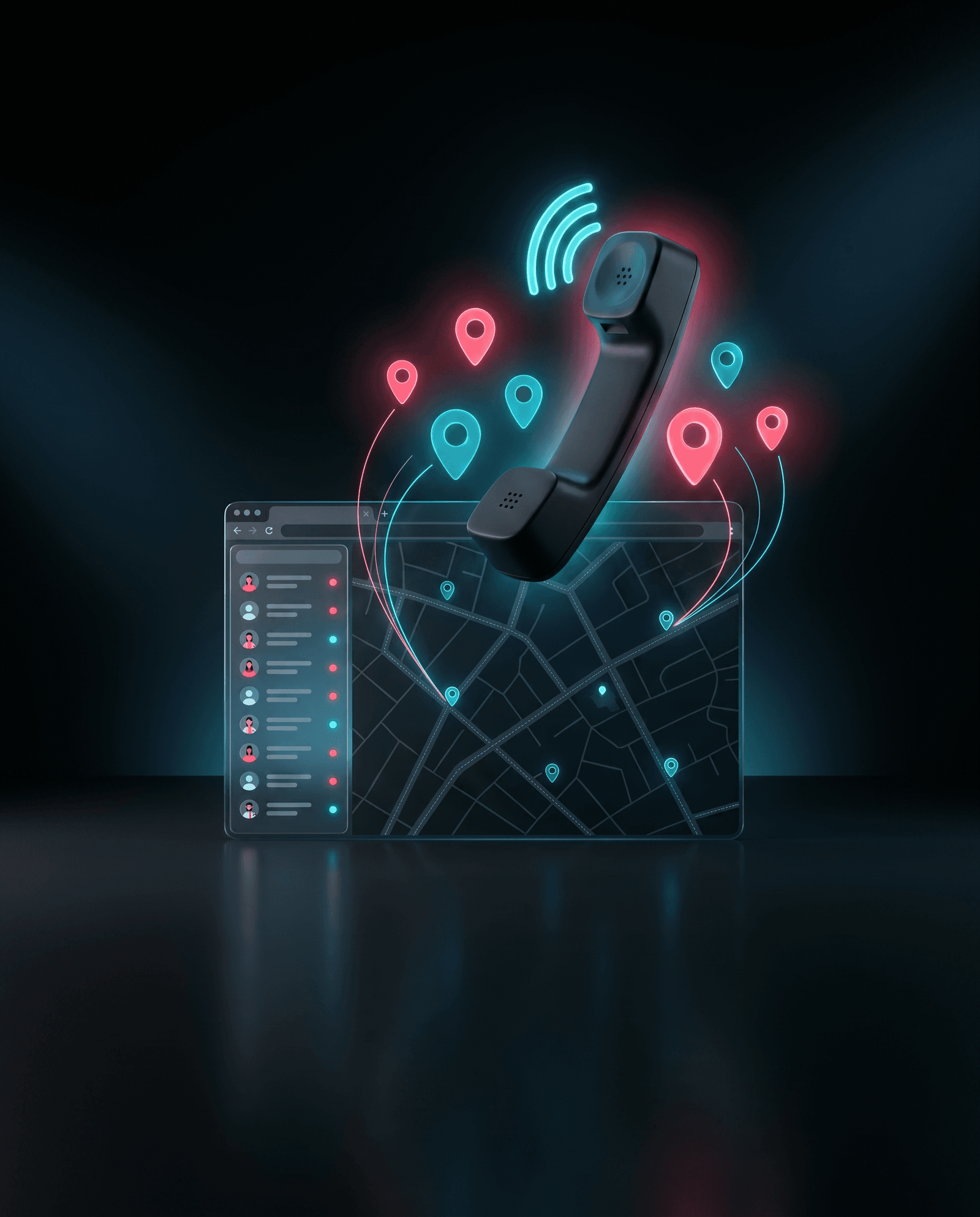LeadRx product visualization — browser window with sidebar lead list and dark city map, floating phone receiver with sound waves, and scattered pink and cyan map pin markers
