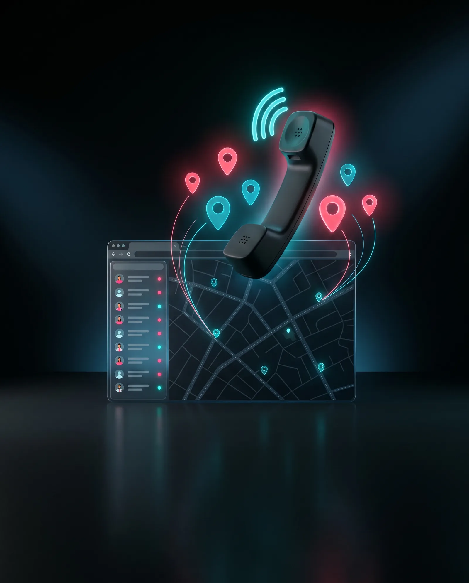LeadRx product visualization — browser window with sidebar lead list and dark city map, floating phone receiver with sound waves, and scattered pink and cyan map pin markers