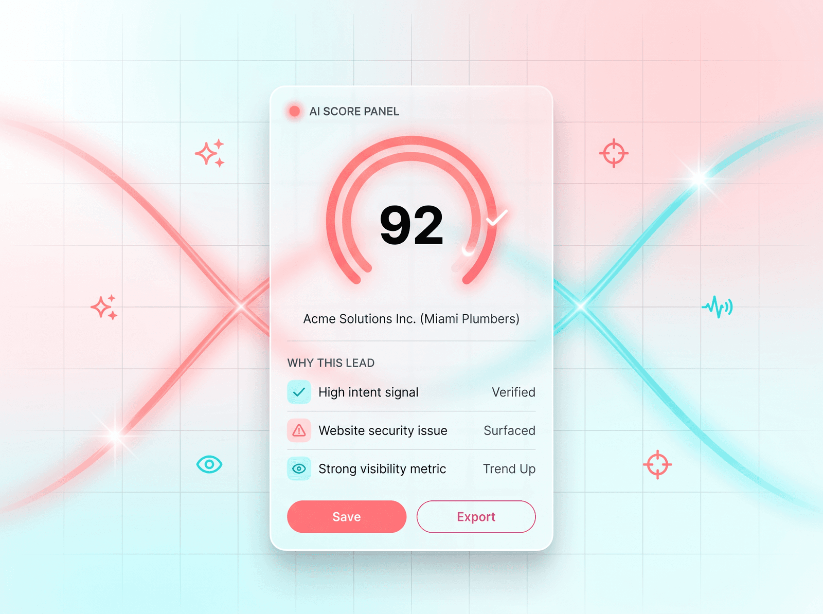 AI scoring panel with circular score dial and reasoning signals