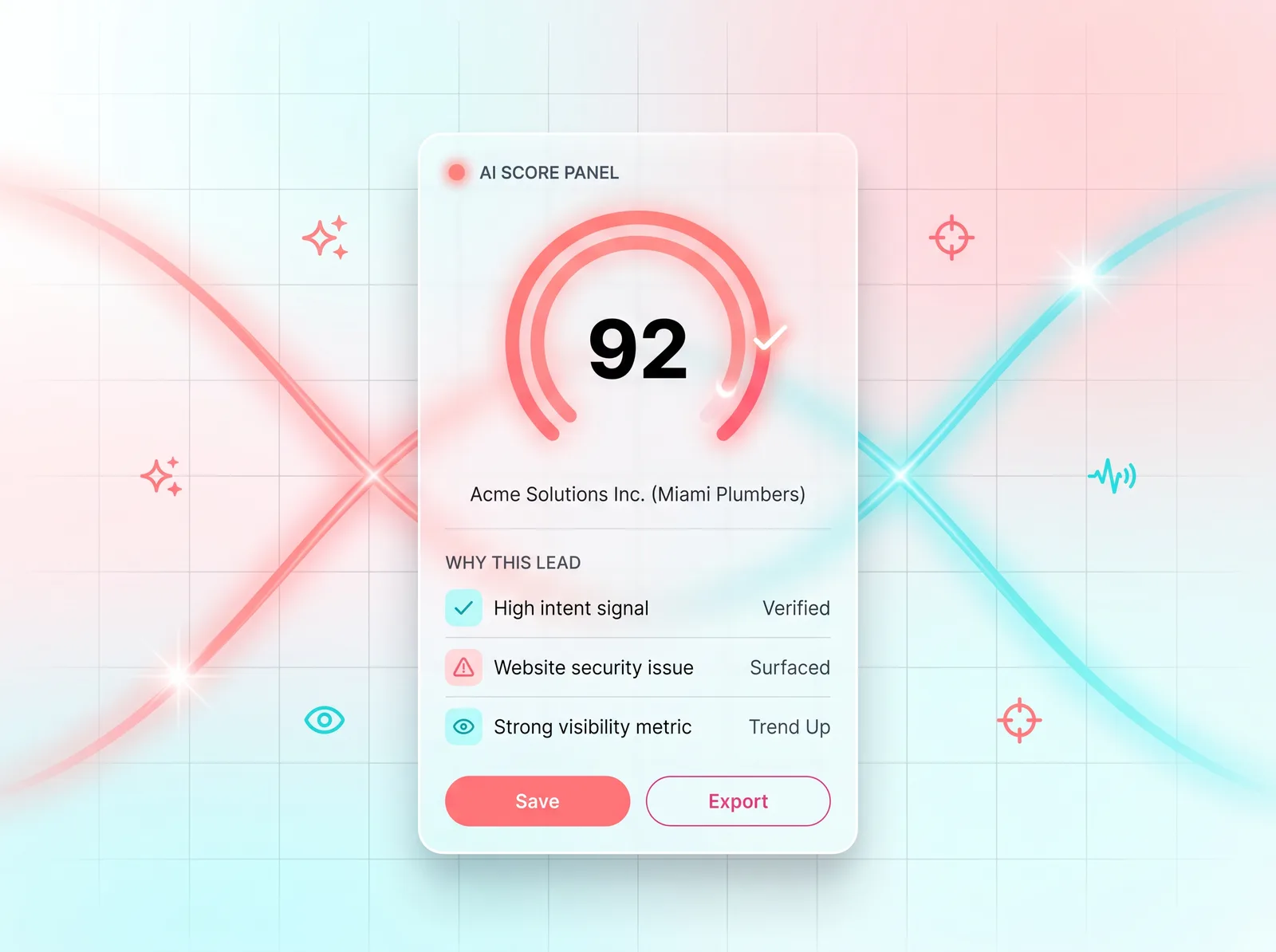 AI scoring panel with circular score dial and reasoning signals