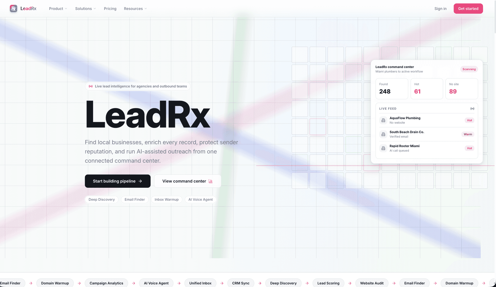 LeadRx landing hero — wordmark, tagline, and command center stats card on the LeadRx site
