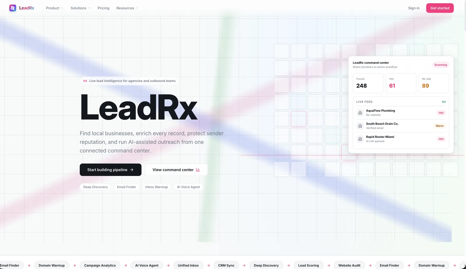 LeadRx landing hero — wordmark, tagline, and command center stats card on the LeadRx site