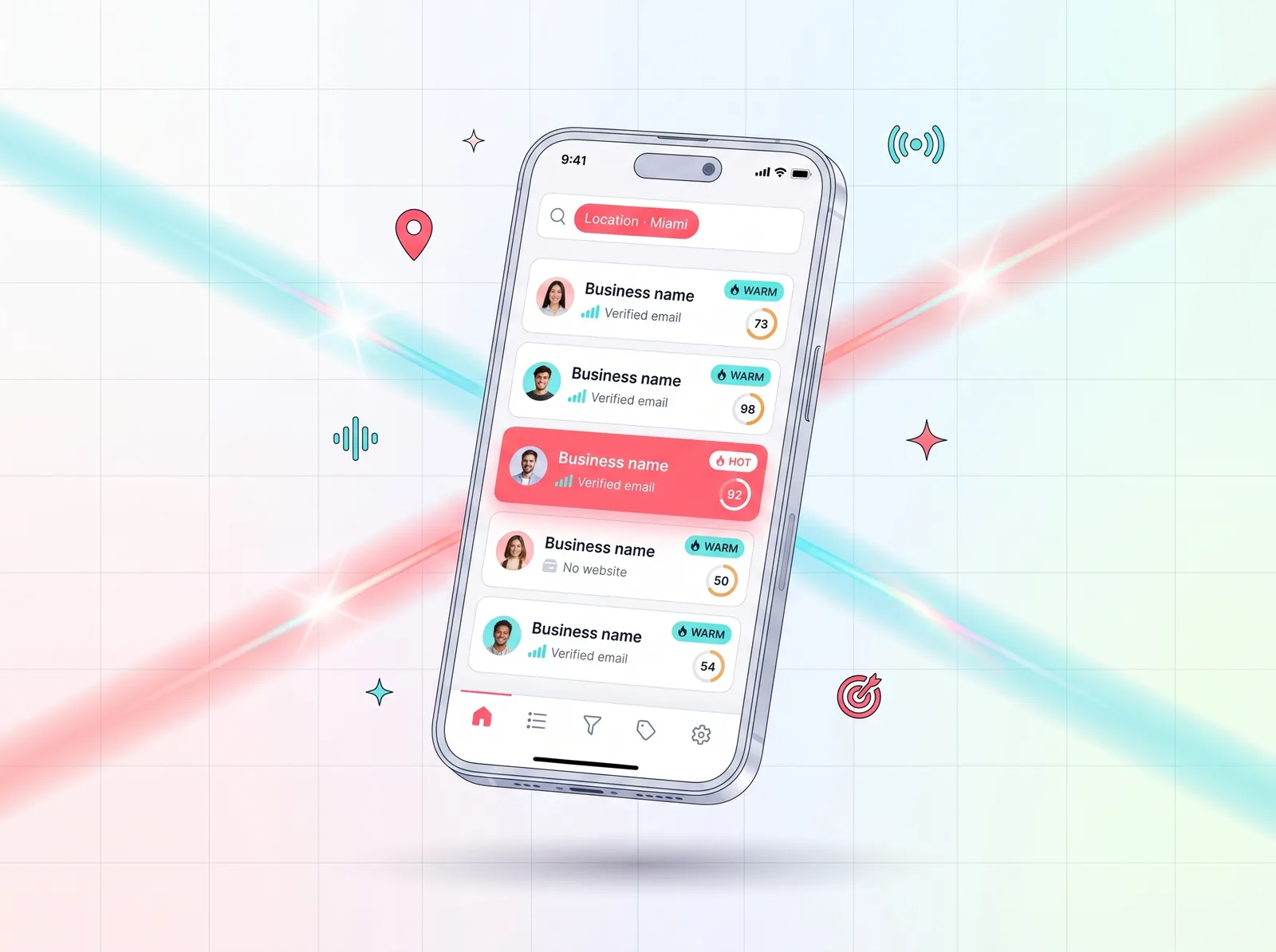 LeadRx mobile dashboard with lead cards and tab bar